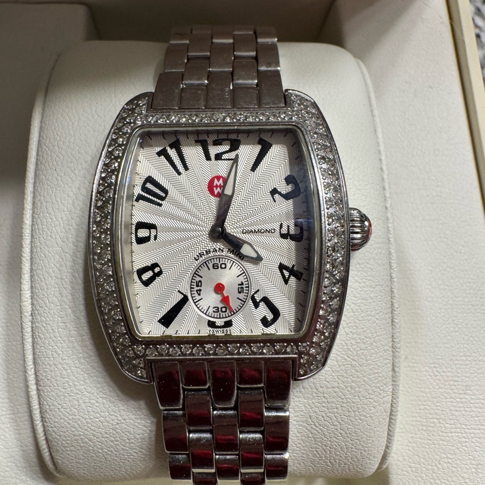 Michele Mini Urban Silver and White Women's Watch with Diamond Bezel.